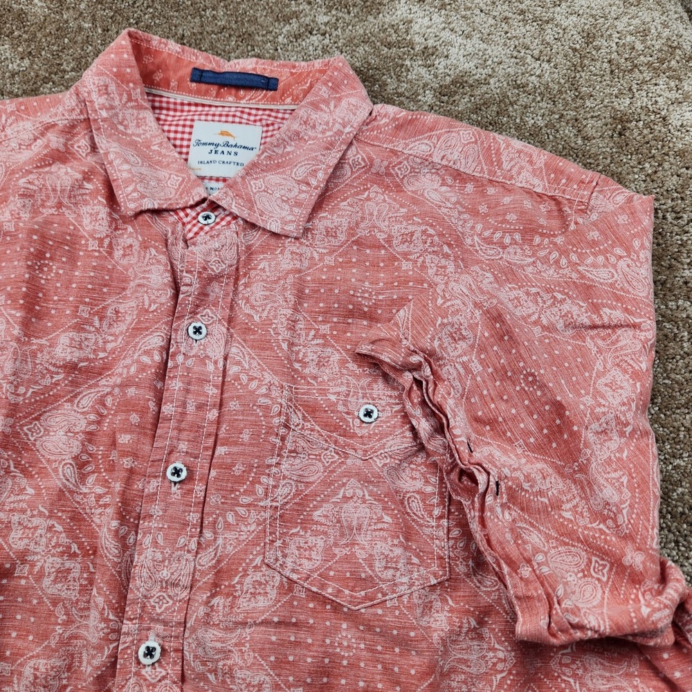 Tommy Bahama Mens XL Linen Blend Short Sleeve Button Shirt Coral Paisley Crafted
